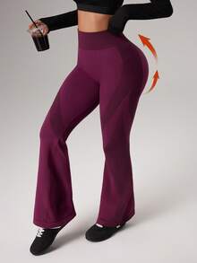 Dewbera Pantalones de yoga sin costuras acampanados, mallas deportivas, ajustados y con pierna acampanada, pantalones deportivos de moda - Burdeos - Ver 3