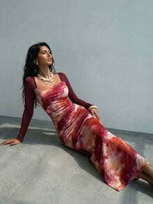 Nevyona Women's Fashionable Elegant Vacation Casual Square Neck Tie Dye Splice Long Sleeve Bodycon Dress Beautiful Dresses For Women Dresses For Woman Vacation Latest Dress Long Dresses Bodycon Beautiful Dresses For Woman Beach Outfit For Women Dress Long Dress For Beach Women's Beach Outfits Long Summer Dresses For Women Beach Dresses For Women Elegant Dresses For Party Net Breathable Fabric Oil Painting Dress Body Con Dress For Women - Multicolor - View 7
