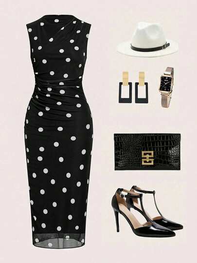 Ellevyn Vestido elegante de longitud media con pliegues y estampado de lunares para mujer