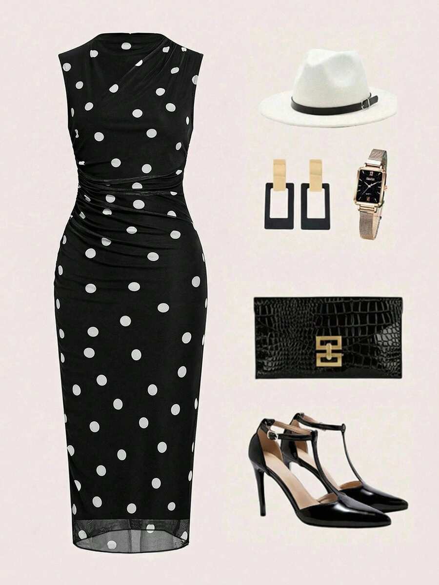 Ellevyn 女士波点印花褶裥修身优雅中长连衣裙 - 黑與白 - 查看 1