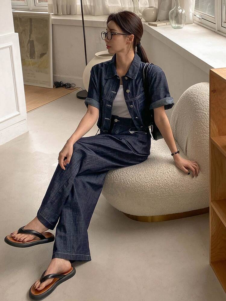 Women's Collared Casual Shirt & Loose Denim Pants Suit, Korean Style