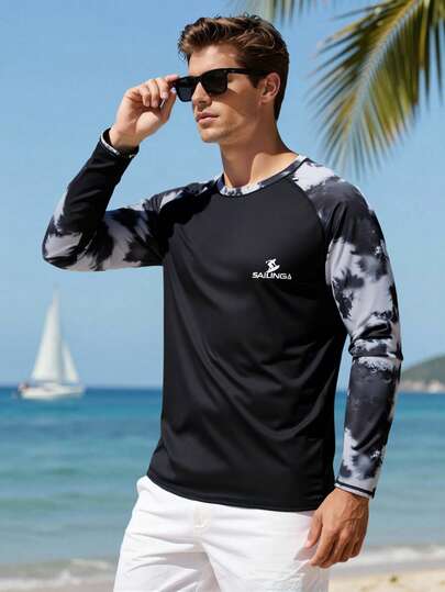 Manfinity Swimmode بدلة حماية من الشمس للرجال بطبعة صبغ التعتيق للاستخدام في الشاطئ