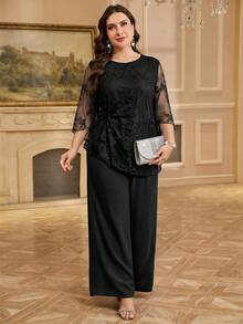 Reflora Conjunto de 2 piezas de talla grande elegante para ir al trabajo con top de encaje y pantalones de unicolor - Negro - Ver 9