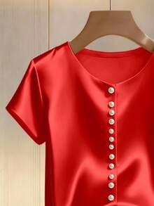 Franclia 女士香槟色优雅圆领珍珠装饰长袖衬衫，缎面面料，适合通勤和日常优雅穿着 - 紅色 - 查看 3