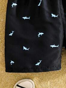 SHEIN Tween Boys' Casual Comfortable Printed Loose Fitted 2 In 1 Beach Shorts/Swimwear,Kids - Black - View 3
