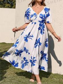 GlowEve CURVE 大码女式浪漫印花泡泡袖心形领扭结层叠A字荷叶边下摆休闲度假优雅长裙 - 藍白色 - 查看 6