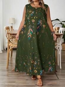 SHEIN CURVE+ 大码女式无袖印花连衣裙，夏季、假日、秋季、冬季服装，CURVE PLUS - 橄欖綠 - 查看 6