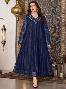 Al Najma Plus Size Women's Lace Fabric Beaded Collar Elegant Dress, Spring/Summer - Navy Blue - View 8