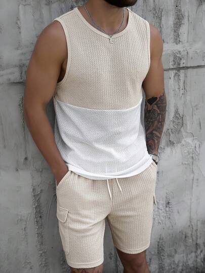 Manfinity Homme Bộ áo vest nam không tay cổ tròn phối màu tương phản, phong cách thường ngày mùa hè.