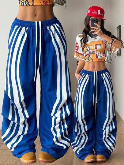 Coolane Women's Drawstring Waist Striped Wide Leg Loose Casual Pants