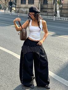 Coolane 女士夏季街头风外出休闲装，饰有独特织带细节和编织面料的红色长裤 - 黑與白 - 查看 5