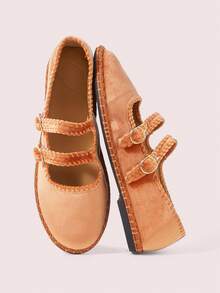 CUCCOO DOLLMOD Women Shoes Brown Double Ribbon Velvet Mary Jane Flats - -36A dark orange - View 3