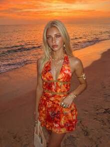 Sundraya Women's Tie-Dye Print Deep V-Neck Sexy Halter Mini Dress, Vacation - Yellow - View 5