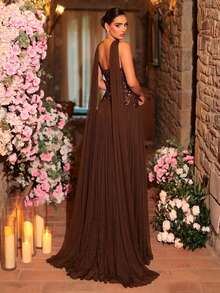 Glamrae Đầm maxi sang trọng, thanh lịch với họa tiết hoa ren đính cườm và sequin, chất liệu co giãn, xếp nếp, thích hợp cho đám cưới, tiệc tùng, kỳ nghỉ, dạ hội và các dịp trang trọng. - Cà phê nâu - Xem 3