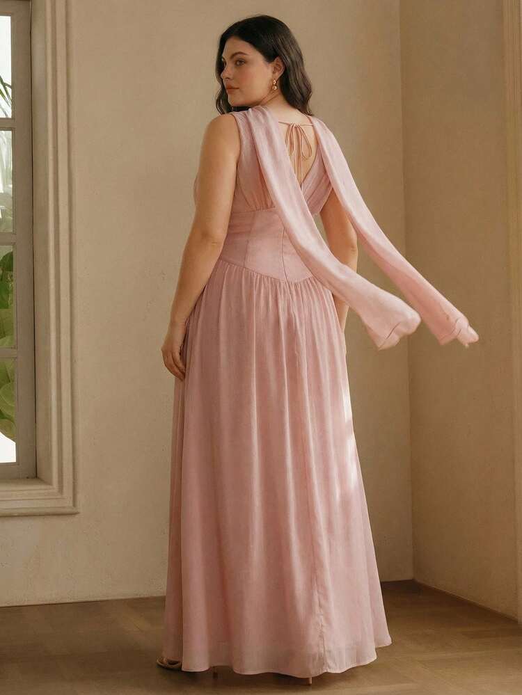 Plus Size Women's V-Neck Ribbon Beaded Chain Pleated Waist Shiny Party Elegant Sophisticated Dress, Suitable For Wedding Guest, Luxury Evening Gown