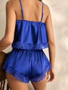 Charlaine 法式优雅缎面舒适真丝蕾丝女士睡衣套装 - 寶藍色 - 查看 6