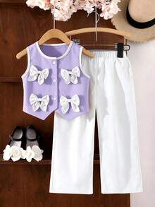 Young Girl' Set, Round Neck Top With Contrast Color Cuffs And Collar, Button Front Closure, Bow Decor, Paired With Straight Leg Casual Pants, Elegant And Fashionable Outfit - Purple - View 4