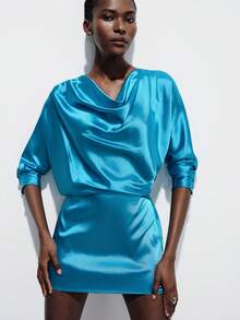 Aveloria Modichic Vestido mini ajustado de manga larga con cuello de satén y cintura ceñida, diseño de lujo elegante y urbano para ir al trabajo y salir de noche - Azul - Ver 3