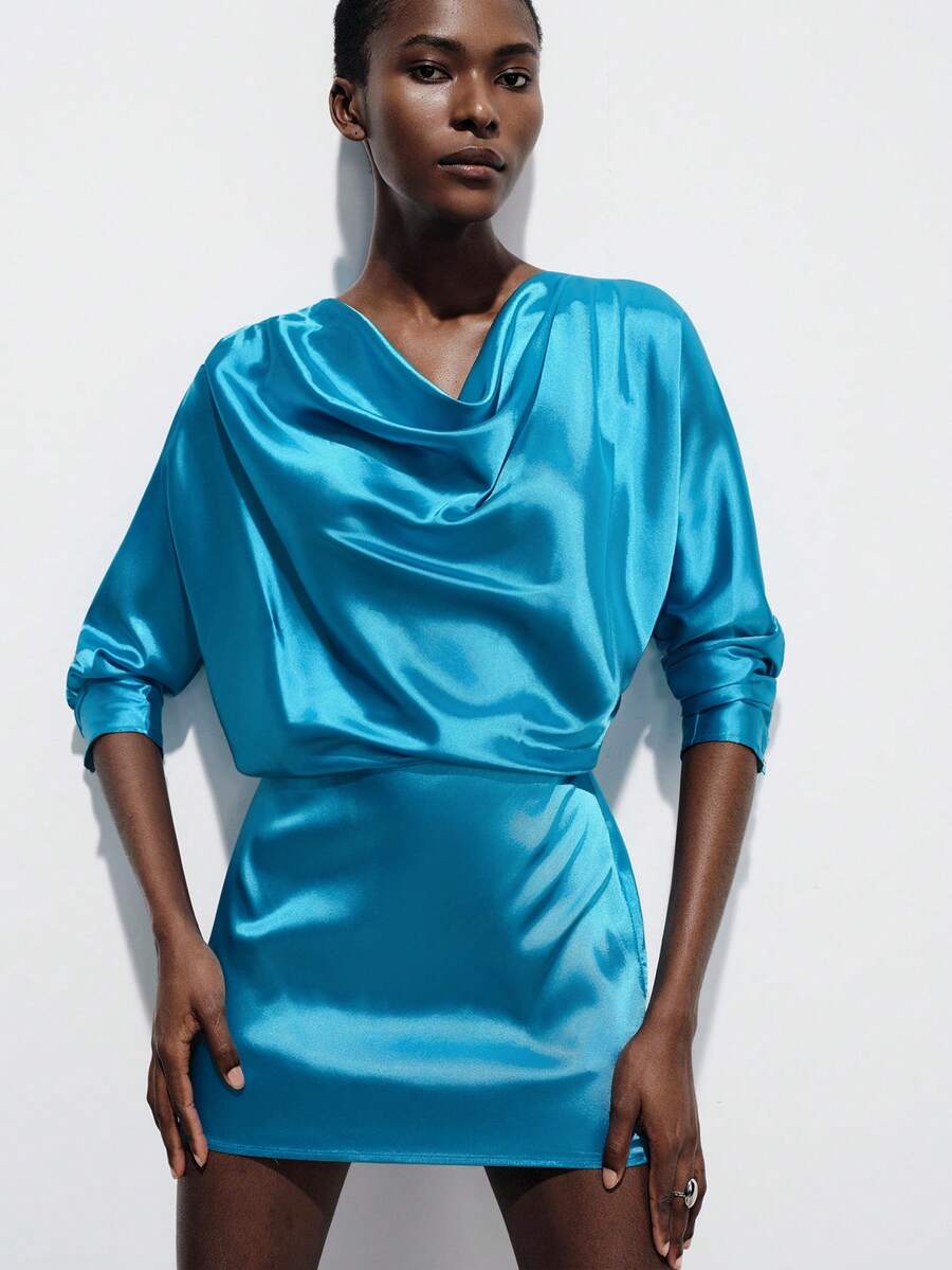 Aveloria Modichic Sophisticated Urban Chic Commute & Date Night Luxury Design Satin Lapel Waist Cinched Bodycon Mini Dress, Long Sleeve - Blue - View 1