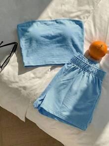 Comfortcana 2pcs Women's Casual Solid Color Blue Top/Tank And Shorts Set, Spring/Summer - Blue - View 5