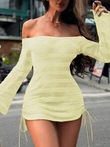Swim SXY Vestido de playa con mangas acampanadas y cordón, hombros descubiertos, sexy, para cubrir el bikini. Atuendo de playa para mujer, vestido de vacaciones en la playa, atuendo de vacaciones en Grecia, atuendo de playa para mujer - Amarillo claro - Ver 8