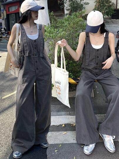 DAZY 女士收腰宽松直筒牛仔裤，休闲都市风水洗牛仔背带裤