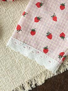 Baby Girls' Sweet Cute Strawberry Print Plaid Sleeveless Round Neck Drawstring Design Collar Embroidered Floral Trim Loose Tank Top And Floral Trim Pants Comfortable Casual T-Shirt Set - Pink - View 9