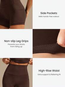 GLOWMODE FeatherFit™ FlexFlow 柔软弹力吸汗修身短袖圆领T恤及口袋骑行短裤套装，适合低强度瑜伽、普拉提、舞蹈工作室及日常运动穿着 - 棕色 - 查看 5