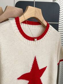 SHEIN Franclia Casual Loose Round Neck Short Sleeve Knit Star Jacquard Contrast Trim Design Apricot Women's Spring/Summer Knit Top - Apricot - View 4