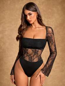 Radiana Women's Sexy Elegant Black Lace Bodysuit With Wide Collar, Flare Sleeve, Casual Top For Daily Wear - Black - View 6