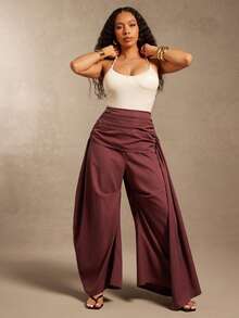 Vixey Solid Woven High Waist Gathered Sash Wide Barrel Leg Pants - Brown - View 1