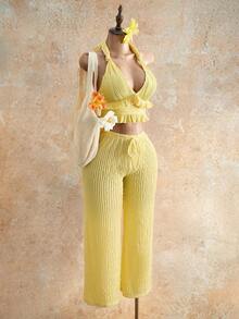 Mistrie 2026 Fashion Women's Pleated Summer Loose Pants, Drawstring Texture Loose Wide Leg Pants, Casual Wide Leg Knitted Pants, Beach Vacation Transparent Fabric Beach Pants, Music Festival Party - Light Yellow - View 6