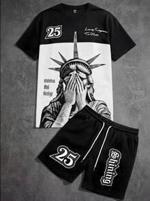 HIMLAND 男士休闲通勤街头风学院风字母印花T恤和短裤套装 - 黑與白 - 查看 3