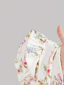 SHEIN MOD 大码女式碎花蝴蝶结装饰短款花瓣袖连衣裙 - 粉色 - 查看 15
