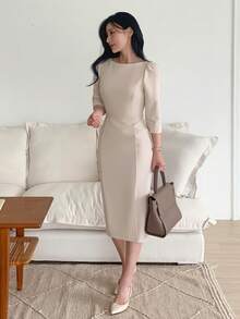 DAZY Vestido midi con cuello redondo y cintura ceñida, estilo de viaje de verano para mujer - Caqui - Ver 5