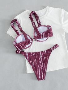 SoleilVie 女士复古酒红色扎染褶皱肩带钢圈比基尼套装，侧边褶皱设计，酒红色花卉印花，适合海滩度假 - 彩色 - 查看 2