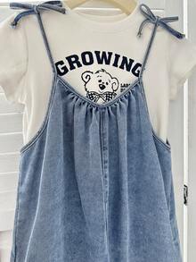 SHEIN Tween Girl Solid Color Knotted Casual Jumpsuit - Medium Wash - View 10