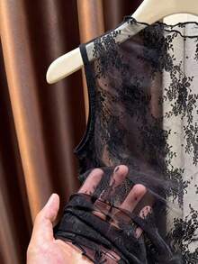 Franclia 黑色立领蕾丝透视性感无袖背心，女士无袖上衣，夏季度假，黑色上衣，沙滩装，情人节装扮，派对上衣。时尚休闲通勤装，商务办公装，百搭时尚日常休闲装，都市教师职业装 - 黑色 - 查看 3