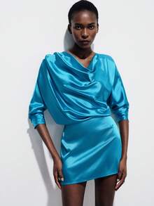 Aveloria Modichic Vestido mini ajustado de manga larga con cuello de satén y cintura ceñida, diseño de lujo elegante y urbano para ir al trabajo y salir de noche - Azul - Ver 5