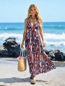 Sylviya Women's Summer Red White And Blue Geometric Print Maxi Dress,Boho Casual V Neck Sundresses For Vacation,Holiday Beach Outfits,Cruise Hawaii Dresses - Multicolor - View 5