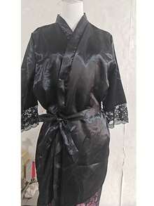 Áo choàng satin nữ viền ren, áo choàng tắm cô dâu, quà tặng phù dâu, áo choàng ngủ ren, áo choàng tắm ren buộc dây, áo choàng tắm mùa hè, áo choàng tắm theo mùa, áo choàng đi học - màu đen - Xem 17