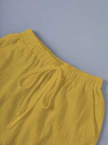 SHEIN LUNE CURVE Plus Size Washed Cotton Cinched Waist Backpocket Button Decor Cropped Women Shorts - Yellow - View 5