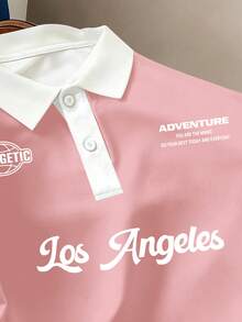 Manfinity Joysei Men's Letter Print Casual Versatile Commuting Short Sleeve Polo Shirt - Baby Pink - View 3