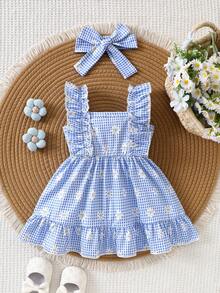 SHEIN Newborn Baby Girls' Summer Dress In Dusty Blue,Cute Floral Gingham Plaid Knit Outfit,Ruffle Hem Sleeveless Waisted Dress Headband Set Vacation Cute - Multicolor - View 4