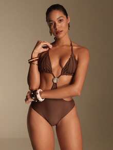 Swim Oasis Women's Solid Color Hollow Out Halter Spaghetti Strap Fashionable Triangle One-Piece Swimsuit For Summer Holiday Beach Golf White Sexy - Brown - View 3
