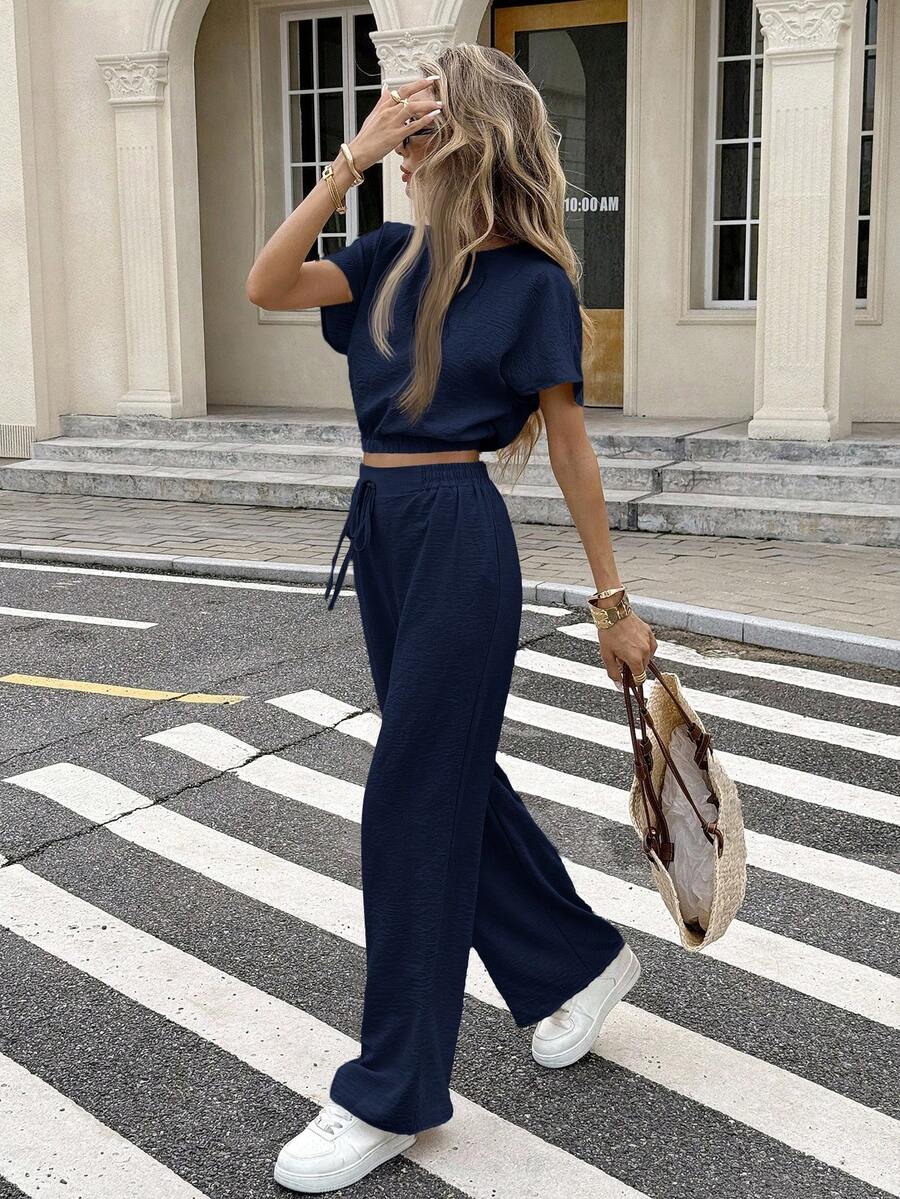 Serisse Batwing Sleeve Crop Top & Drawstring Waist Pants Textured Fabric Two Pieces - Navy Blue - View 1