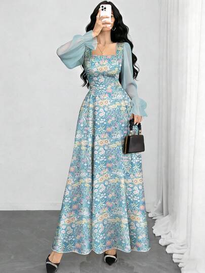 Modelyn Vestido largo casual de cuello cuadrado con mangas farol, estampado floral soñador con bordado, en color azul claro. Vestido maxi de cintura ceñida, adecuado para vacaciones y uso diario.