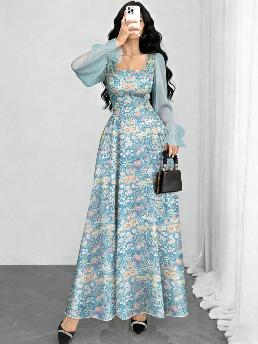Modelyn 梦幻花卉图案刺绣印花浅蓝色方领灯笼袖休闲长裙，夏季收腰长款连衣裙，适合度假和日常穿着。 - 彩色 - 查看 1