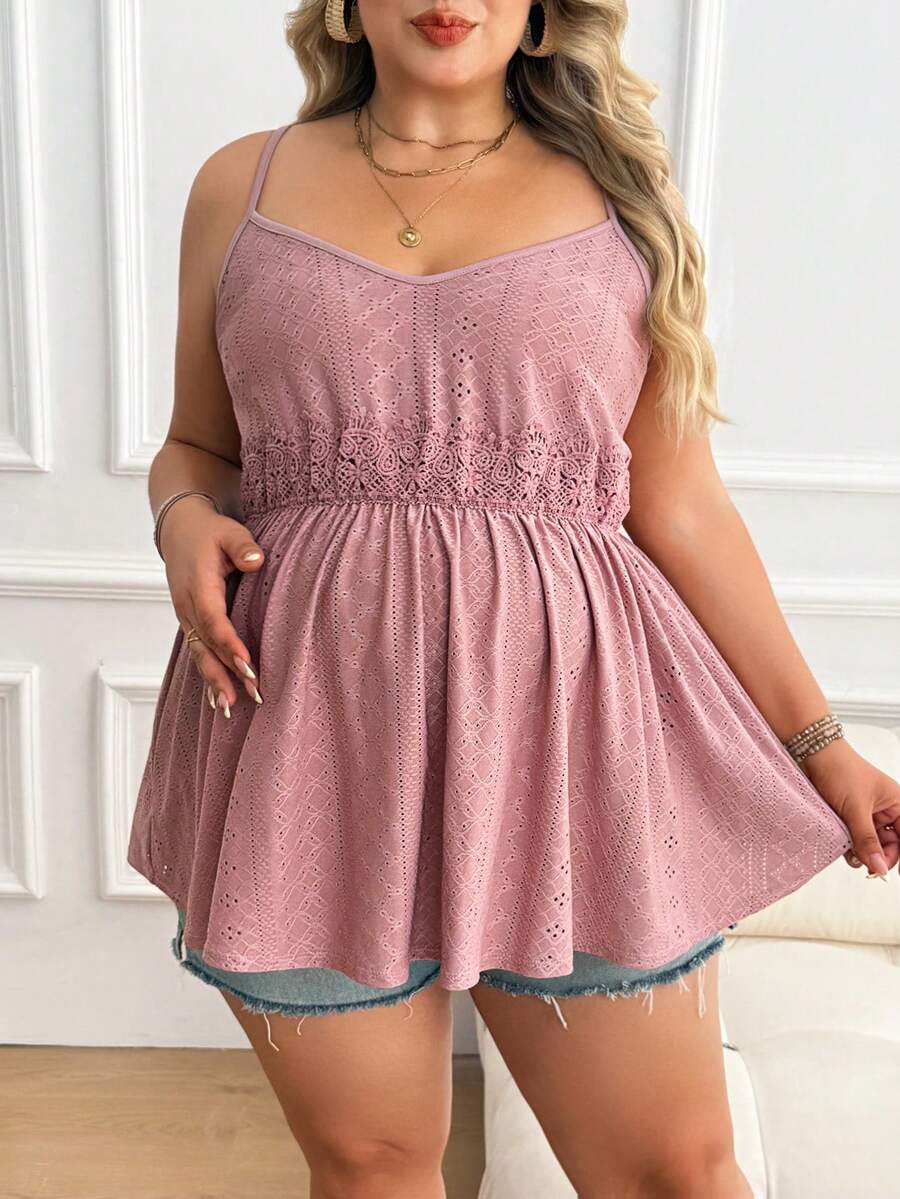Plussiva Áo hai dây bầu cỡ lớn phối ren xếp nếp tương phản. - Bụi hồng - Xem 1