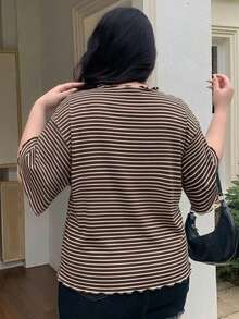 Dazy Plus Plus Size Striped 3/4 Flare Sleeve Brown T-Shirt, Plus Size, Spring/Summer - Brown - View 4